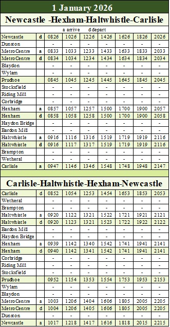 New Year's Day timetable